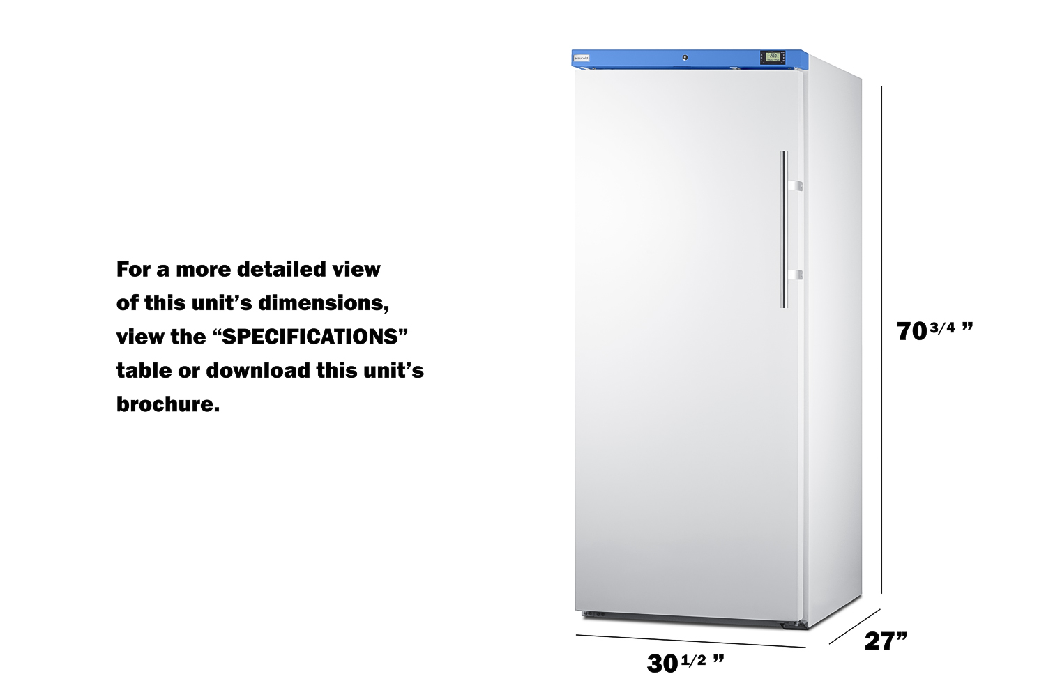 Upright manual defrost freezer with lock and external alarm/thermometer for general purpose storage applications